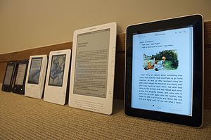 various e-book readers. From right to left iPa...